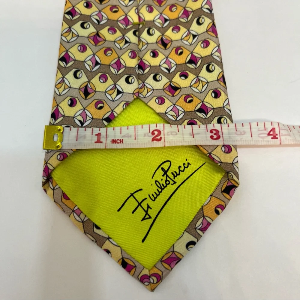 Emilio Pucci Geometric Yellow and‎ Pink Silk Tie